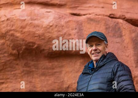 USA, Utah, Escalante, Portrait of senior man hiking in Grand Staircase-Escalante National Monument Stock Photo