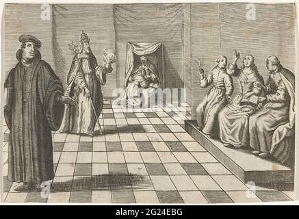 Interior with clergymen. An interior with three figures on the right at an increase, including a woman who points up. On the left is a man with a book and behind him a bishop, representing Augustine of Hippo, with Tiara, Staff and a burning heart in his left hand. At the back of a kneeling woman at a confessor. Stock Photo