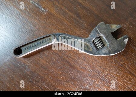 Vintage adjustable spanner wrench, USA Stock Photo