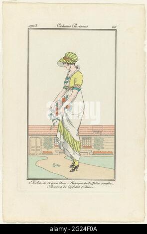 Journal des Ladies et des Modes, Costumes Parisiens, 1913, No. 66: Robe de Crépon Blanc (...). Woman in a dress of white crepe and 'casaque' of sulfur yellow taffy side. 'Bonnet' or hat from 'Taffetas Pékiné' (taffy side). She is wearing a few flowers in her skirt. Print from the Mode magazine Journal des Laden et des Modes (1912-1914). Stock Photo