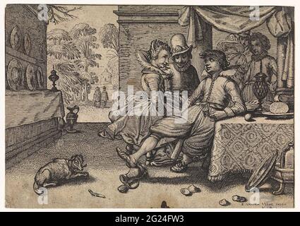 Elegant company in the covered table. A richly dressed couple and a young man with glass in hand sit on a set table on a patio overlooking a garden. Next to the table a wine cooler on the ground. A long, narrow cabinet with pewter plates against the left wall. Stock Photo