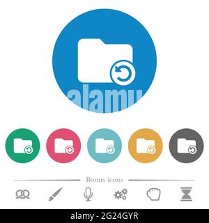 Undo directory last operation flat white icons on round color backgrounds. 6 bonus icons included. Stock Vector