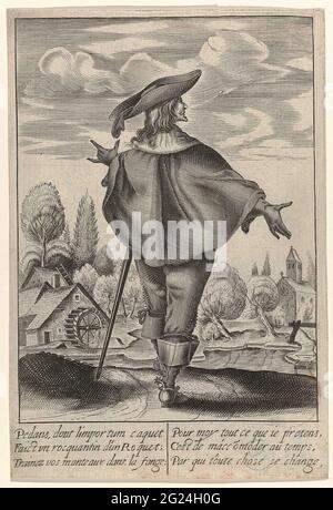 Man seen on the back, dressed according to French fashion ca. 1630; Diversitez d'Habille man's a la mode. Man seen on the back, standing in front of a landscape with a water mill on the left. It is dressed in a short cape that a flat landscape side collar. Calf pants, boots with canons and traces. On his head a hat with wide weak border and feather. With 6 lines of French caption. Print from series of 13 suit cards with title page. Stock Photo