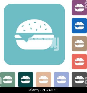 Single cheeseburger white flat icons on color rounded square backgrounds Stock Vector