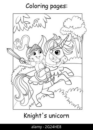 Cute little knight in armor riding a unicorn. Coloring book page for children. Vector cartoon illustration isolated on white background. For coloring Stock Vector