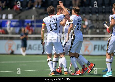 AMSTELVEEN, NETHERLANDS - JUNE 8: Martin Haner of Germany celebrates after scoring his sides first goal with Tobias Hauke of Germany and Florian Fuchs of Germany during the Euro Hockey Championships match between France and Germany at Wagener Stadion on June 8, 2021 in Amstelveen, Netherlands (Photo by Gerrit van Keulen/Orange Pictures) Credit: Orange Pics BV/Alamy Live News Stock Photo