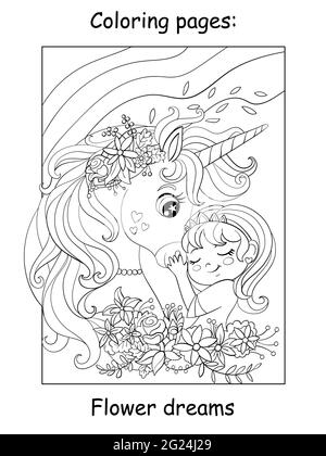 Cute princess hugs with unicorn with flowers. Coloring book page for children. Vector cartoon illustration isolated on white background. For coloring Stock Vector