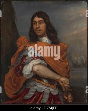 Portrait of Lieutenant-Admiral Cornelis Tromp in Roman Costume. Portrait of Cornelis Tromp (1629-91), Lieutenant Admiral, in Roman costume. Standing, half, on a coast, with a sea battle in the distance. Presented the moment he pulls his sword out of the sheath. Stock Photo