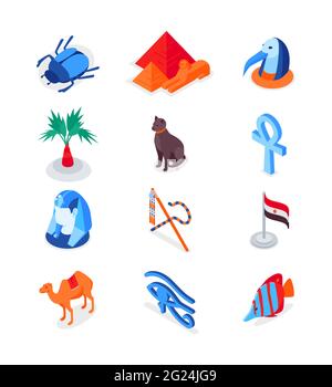 Egyptian symbols - modern colorful isometric icons set. Culture and traditions of Egypt. Ankh, scarab, pyramids, cat, Thoth, pharaoh, coral reef fish, Stock Vector