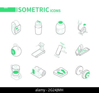Sport and fitness - line isometric icons set on white background. Workout, training and yoga equipment, healthcare idea. Smart watch, water bottle, vi Stock Vector