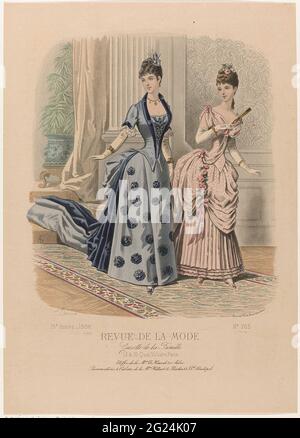 Revue de la fashion, Gazette de la Famille, Dimanche 15 août 1886, 15th Année, no. 763: Etoffes de la M.ON Le Houssel (...). Two women in an interior. Left: 'Toilette' from bordered silk, plain silk and velvet. Short sleeves deposited with velvet and decorated with volant from side. Right: 'Toilette' for a pink side and mesh ball. 'Tunique' (overrok) decorated with garland from roses. Under the show some rules advertising text for different products. Print from the floor magazine Revue de la Mode (1872-1913). Detailed description of the clothing on page 258 "Planche Coloriée". Stock Photo