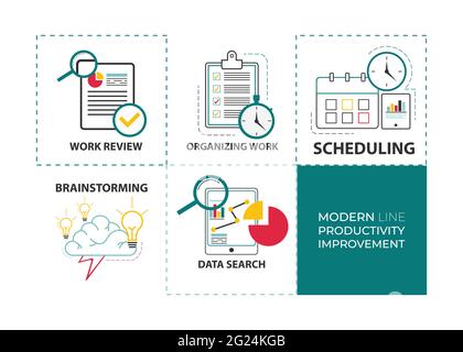 Set of modern line productivity improvement vector icon. collection of line design icon for work productivity improvement vector Stock Vector