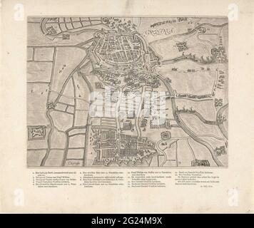 Siege from Groningen, 1594. Siege from Groningen by the State Army under Prince Maurits, 22 May - June 1594. Plan of the city and nearby area with the position of the state troops, the bags and trenches south of the city. Printed separately under the plate The Legenda 1-16 and the date July 22, 1594 in Dutch. Stock Photo