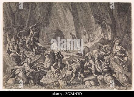 Start of the flood; History of the family of set / about good and bad judgments; Bonorum et Malorum consensio. The beginning of the flood. It rains and in the foreground people try to save themselves by moving on higher land. Others drown. In the background Noah's ark. The print has a Latin caption. Stock Photo