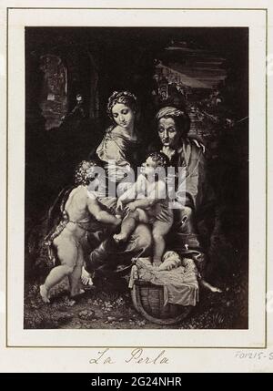 Photo production of (presumably) a print to a painting by Rafaël, representing the Holy Family (La Perla). Part of travel album with recordings of artworks, people and sights in Spain. Stock Photo