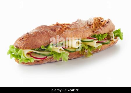 High angle of yummy vegetarian baguette sandwich with fresh vegetables and cheese slices on white background Stock Photo