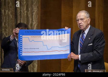 Washington, United States. 08th June, 2021. Sen. Chuck Grassley, R-Iowa, questions Acting Director of the Office of Management and Budget Shalanda Young during a Senate Budget hearing at the U.S. Capitol in Washington DC, on Tuesday, June 8, 2021. Pool photo by Shawn Thew/UPI Credit: UPI/Alamy Live News Stock Photo