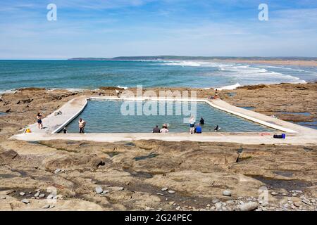 The sea pool at Westward Ho, which is full of sea water. Stock Photo