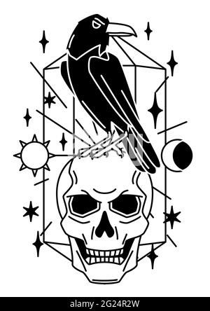 Magic illustration with raven and skull. Mystic, alchemy, spirituality and tattoo art. Stock Vector