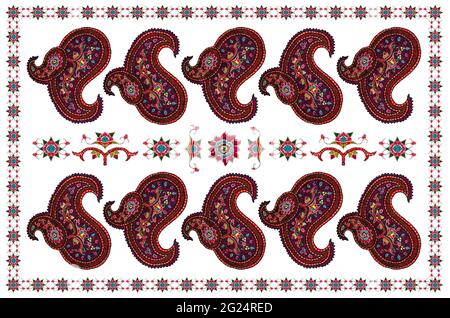 White background with frame pattern for embroidery tablecloth with oriental paisley pattern and stylized flowers Stock Photo