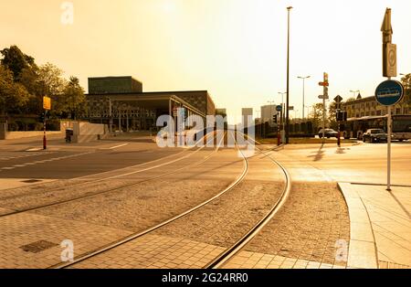 Europe, Luxembourg, Luxembourg City, Limpertsberg, Tram Rails passing the Grand Théâtre de Luxembourg Stock Photo