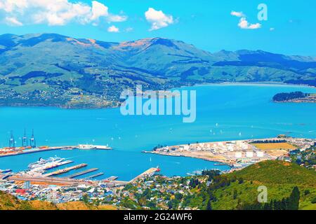 View of Lyttelton Harbour taken from the top of Port Hills where Christchurch Gondola The Summit Station is located. South Island, New Zealand attract Stock Photo