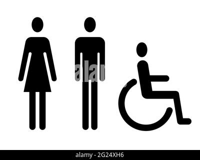 Man, woman and wheelchair toilet icons. Flat vector symbols isolated on white background, EPS 8. Stock Vector