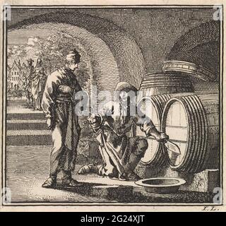 Two men at a wine barrel; The barrel. Stock Photo