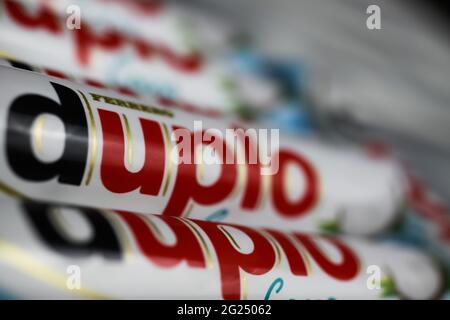 Viersen, Germany - May 9. 2021: Closeup of duplo chocolate bars (selective focus on left part of letter U) Stock Photo