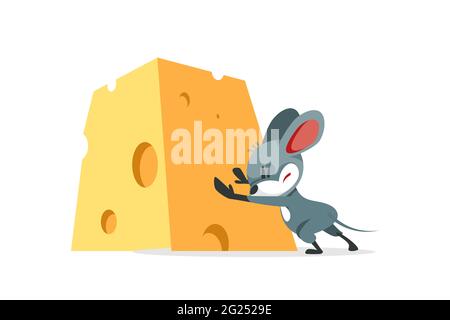 The cartoon mouse wants to steal the cheese and struggles to push the big heavy cheese. Vector illustration isolated on white background Stock Vector