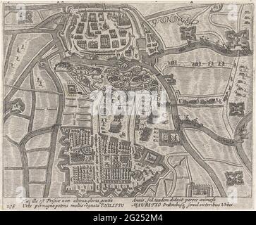 Siege from Groningen, 1594. Siege from Groningen by the State Army under Prince Maurits, 22 May - June 1594. Plan of the city and nearby area with the position of the state troops, the bags and trenches south of the city. With caption of 4 lines in Latin. Numbered 218. Printed on the back with text in Latin. Stock Photo