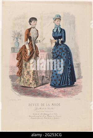 Revue de la fashion, Gazette de la Famille, Dimanche 11 Mars 1883, 12th annee, no. 584: Toilettes De Mme DeAnnoy (...). Two women in an interior, in shapes of Delannoy. Left: Jap for dinner and reception of solid velvet and 'velor de schênes'. Half-length sleeves with cuffs from side. Right: Visite juke of blue sheet and velvet. Tabler with pleats on the side and embroidered with side pumpbacks. Caption with a few lines of advertising text for different products. Print from the floor magazine Revue de la Mode (1872-1913). Detailed description of the clothing on page 77 "Planche Coloriée". Stock Photo