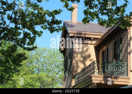 Second story and balcony of Pres. Abraham Lincoln' home in Springfield, Illinois. His home is a  National Historic Site. Stock Photo