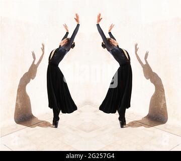 Clones of a ballerina dancing and her shadow on a wall Stock Photo