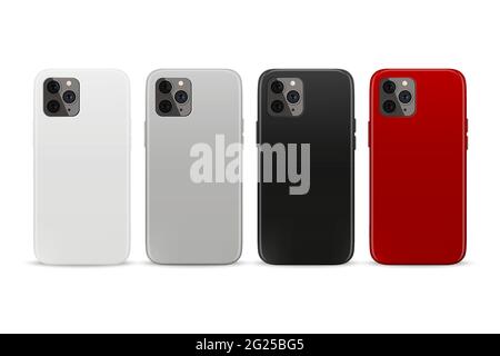 Vector 3d Realistic White, Gray, Black, Red Blank Phone Case Design Template. Back Cover for Smartphone Set Isolated on White Background. Mockup Stock Vector