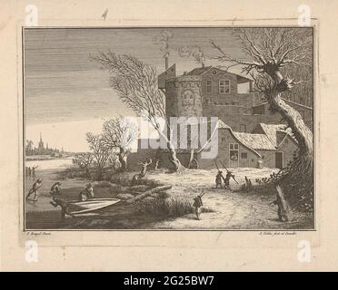 Winter landscape with skaters. Winter landscape with skaters. On the shore is a house with smoking chimneys. Stock Photo