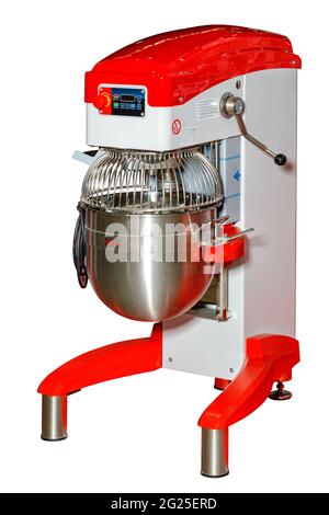 The industrial planetary mixer made of stainless steel combines a solid concept. Vertical image, isolated on a white background. Stock Photo