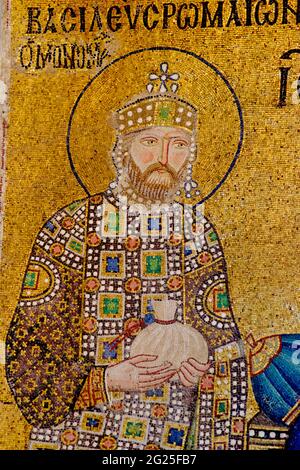 Detail of the Empress Zoe mosaic, Hagia Sophia (Turkish: Ayasofya), Istanbul, Turkey. Constantine IX Monomachus in ceremonial costume. Byzantine art. Stock Photo