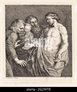 Unbelief from Tomas. Christ shows his wounds to Tomas and invites him to touch them. Tomas and two other apostles look surprised. Stock Photo