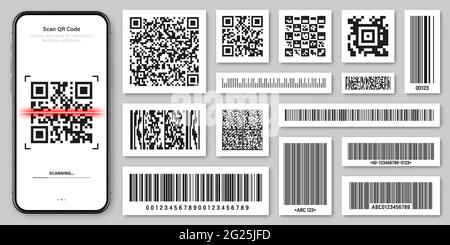 Product barcodes and QR codes. Smartphone application, scanner app. Identification tracking code. Serial number, product ID with digital information Stock Vector
