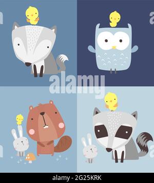 Set of cute forest animals illustration. Wolf, owl, raccoon and squirrel with little rabbit. Hand drawn style. can be used for nursery decoration, bab Stock Vector