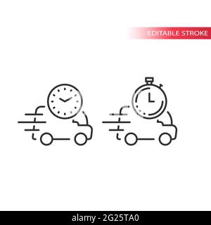 Delivery van or truck with clock line vector icon. Fast delivery on time symbol. Stock Vector