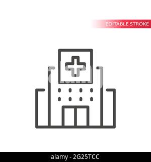 Hospital building with medical cross icon. Thin line vector, editable stroke. Stock Vector