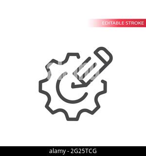 Cogwheel or gear with pencil line vector icon. Settings or edit symbol, editable stroke. Stock Vector