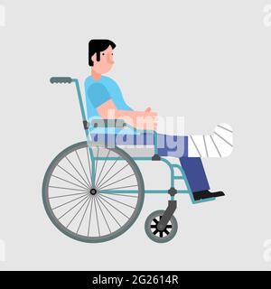 Man in cast on wheelchair. Leg fracture Stock Vector