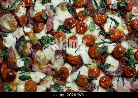topview of delicious freshly baked homemade pizza Stock Photo