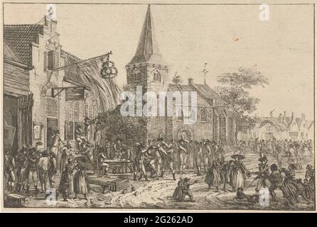 Figures at an inn. View of a village street with figures for an inn. On the right in the foreground a drunken farmer is supported by two women while another man is stopped by a woman and child. A church in the background. Stock Photo