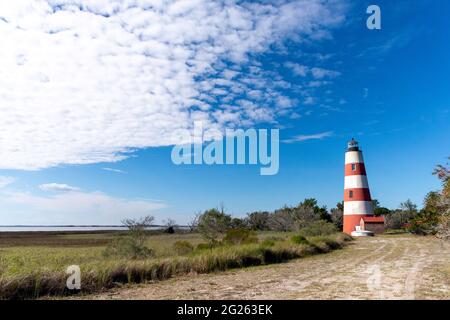 The lighthouse at Sapelo Island, Georgia, USA, the state's fourth largest barrier island and a slow travel destination. Stock Photo