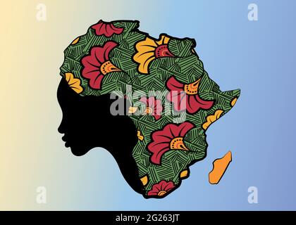 Concept of African woman, face profile silhouette with turban in the shape of a map of Africa. Colorful Afro print fabric, tribal logo design template Stock Vector