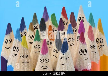 Bright big set colored pencils with different emotions and activities . Close up macro shot. High resolution photo. Full depth of field. Stock Photo
